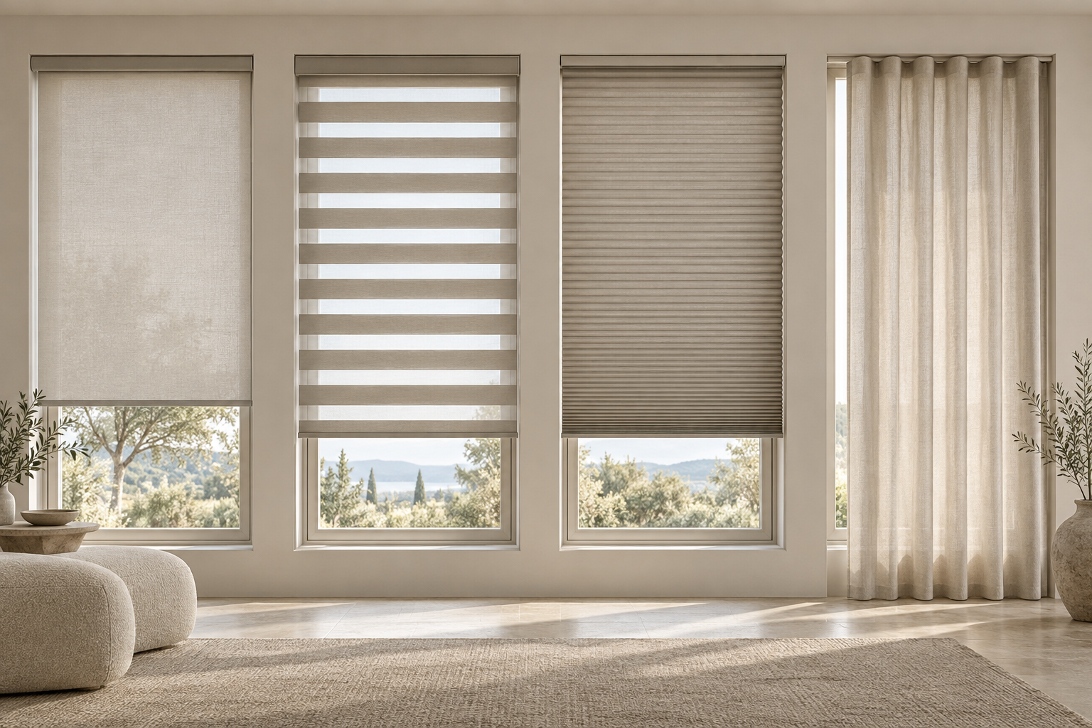 Four window bays showing roller, zebra, honeycomb and curtain treatments